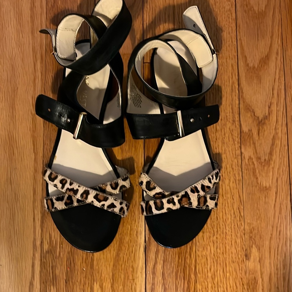 Comfy and cute Nine West sandals. Genuine leather and real calf hair.  1”heel.